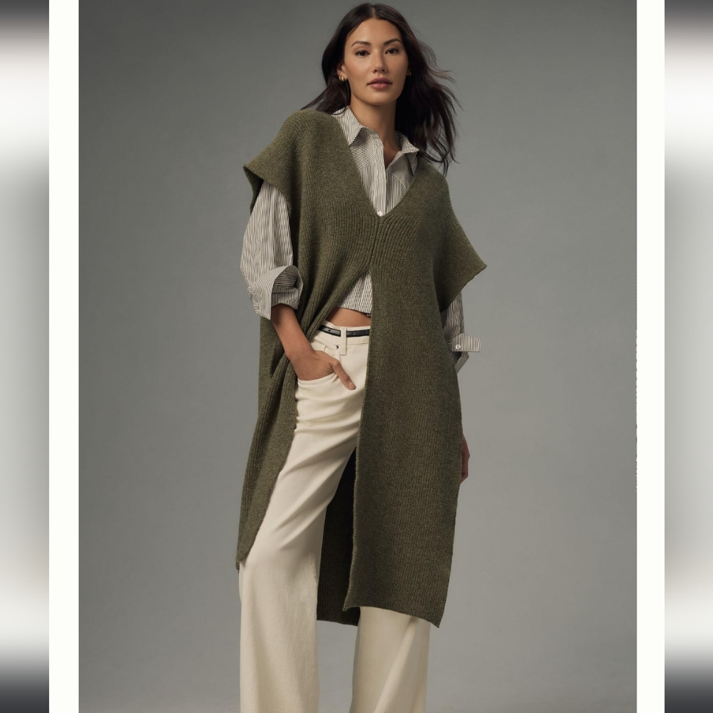 Anthropologie Olive Green Knit Long Sleeveless Poncho Vest